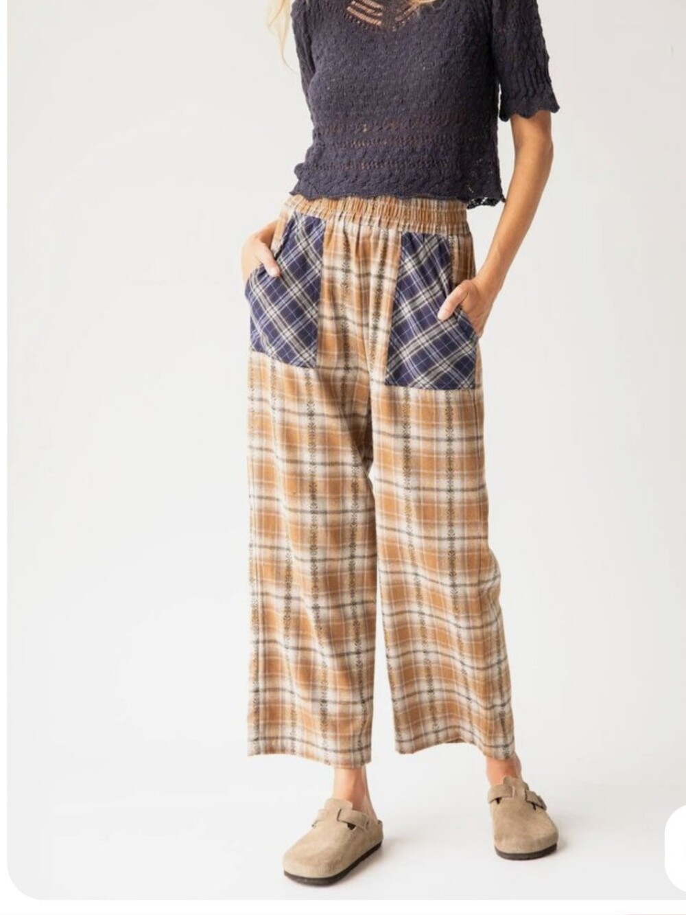 Natural Life Womens Beckett Flannel Pants Plaid Brown Grey With Pockets Sz. XL